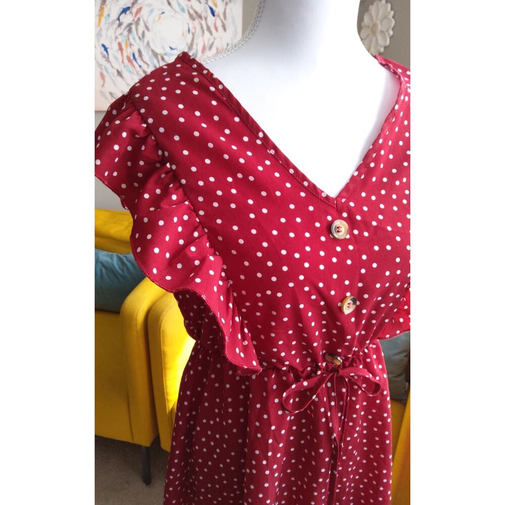 Red polka dot dress sz S pin-up flutter ruffled shoulder’s romantic v-neck chic - Picture 4 of 9